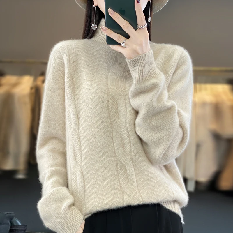 

Женский шерстяной свитер в Корейском стиле, свободные свитера с высоким воротником, плотный теплый Однотонный пуловер, вязаная одежда, Базовые Женские топы, Осень-зима 2023