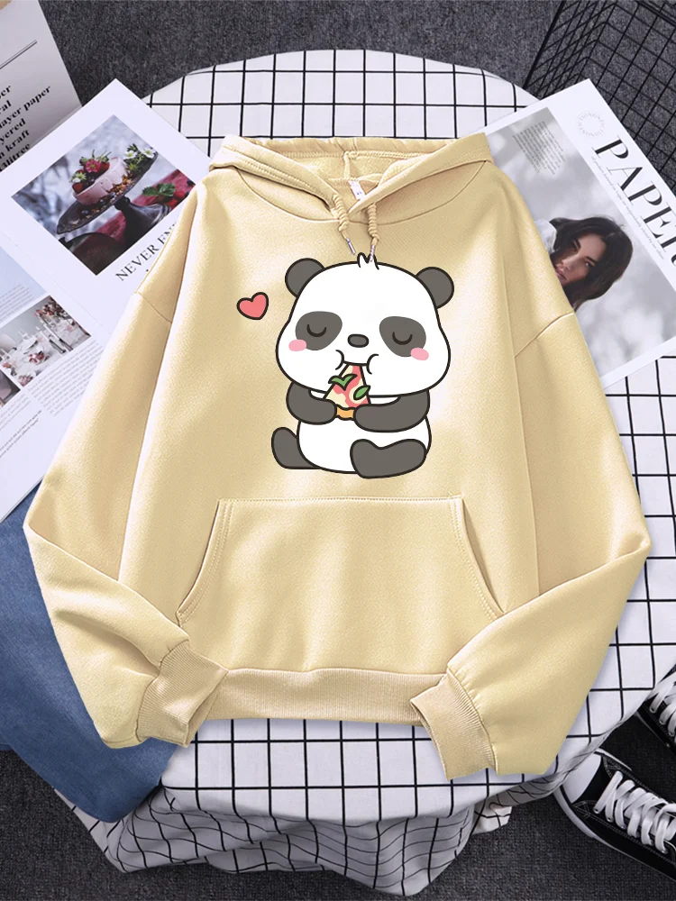 

Kawaii Panda And Its Favorite Bamboo Pizza Print Womens Hooded Cute Cartoons Long Sleeves Casual Fleece Pocket Tops Woman Hoodie