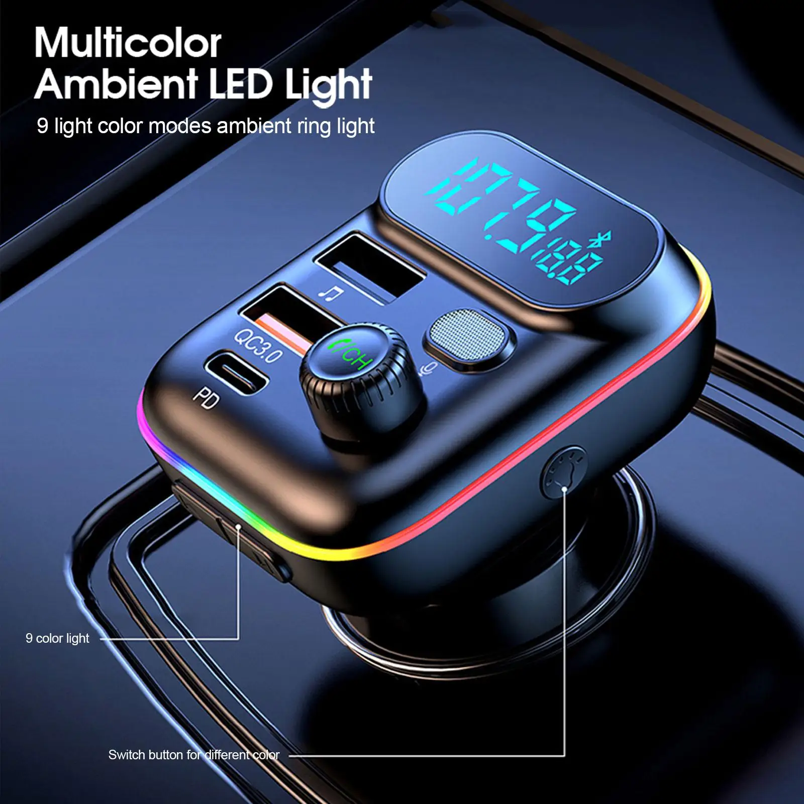 Фото Автомобильный PD 18 Вт QC3.0 с быстрой зарядкой Bluetooth 5,0, FM-передатчик, двойной плеер, музыка Type-C, красочный окружающий MP3-светильник, прикуриватель №2
