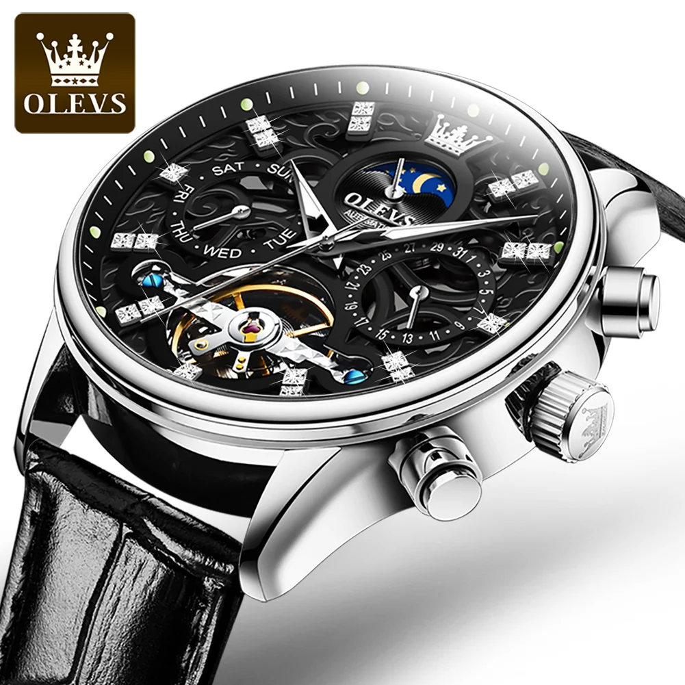 OLEVS Mechanical Watch For Men Automatic Skeleton Waterproof Wristwatch Leather Watchstrap Business Dress Watches Montre Homme