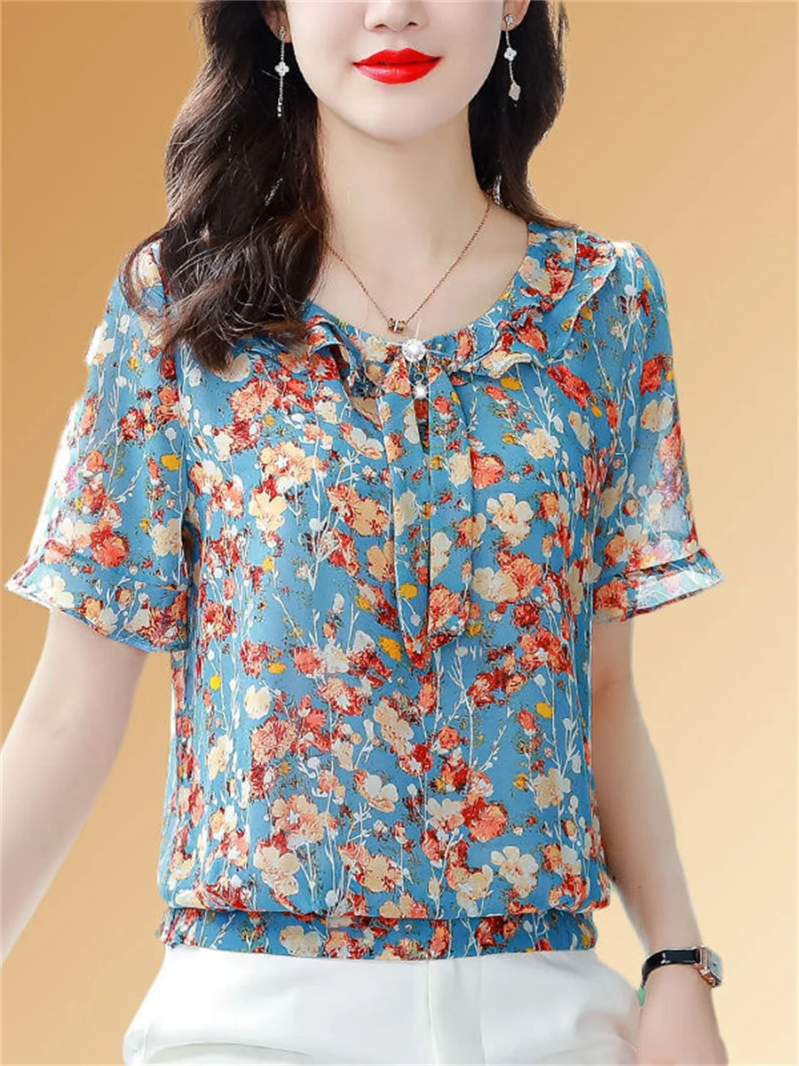 

Woman Summer Style Blouses Shirts Lady Casual Short Flare Sleeve Peter Pan Collar Flower Printed Blusas Tops ZZ1503