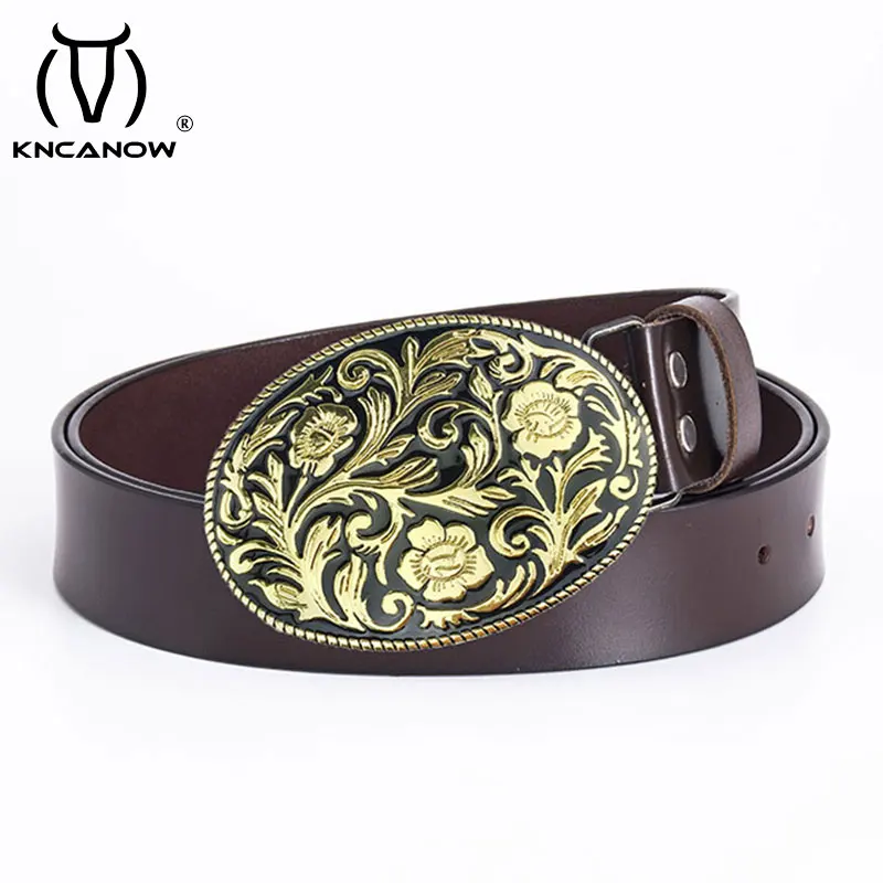 Hot Belts Luxe Marque Belt Cowskin Genuine Leather Totem Pattern Buckle Young Men's Belt Brand New Style Cowboy High Quality