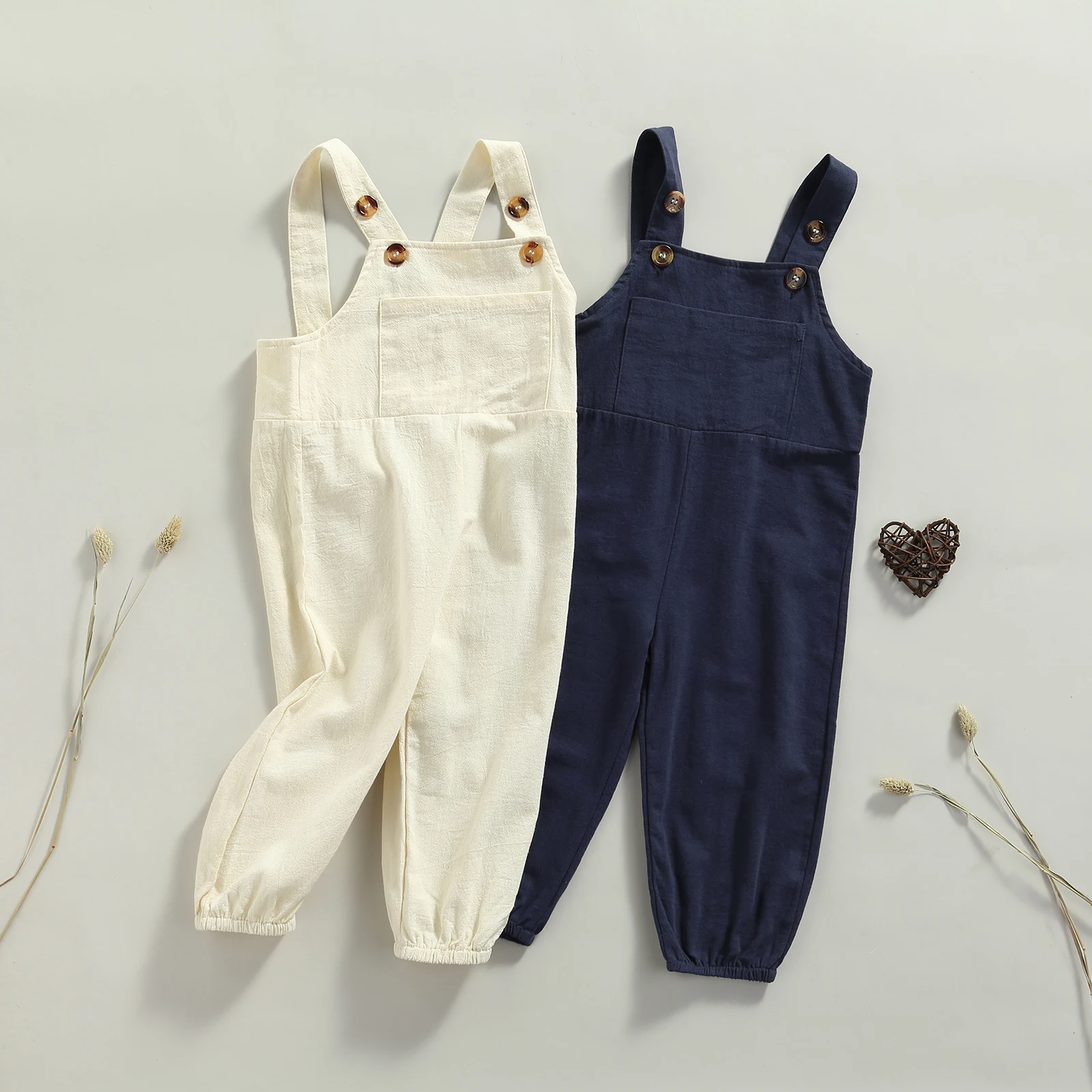 

Kids Suspender Trousers Solid Color Button Shoulder Straps Loose Bib Pants for Toddlers Girls Boys 1-6 Years Beige/Navy Blue
