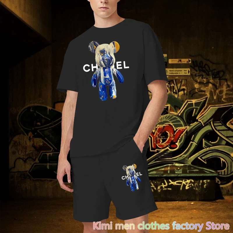 Bear print TShirts Shorts Sets Cotton Set Men Oversized 2 Piece Outfits Sets for Men Summer Streetwear Tracksuit Jogging suit