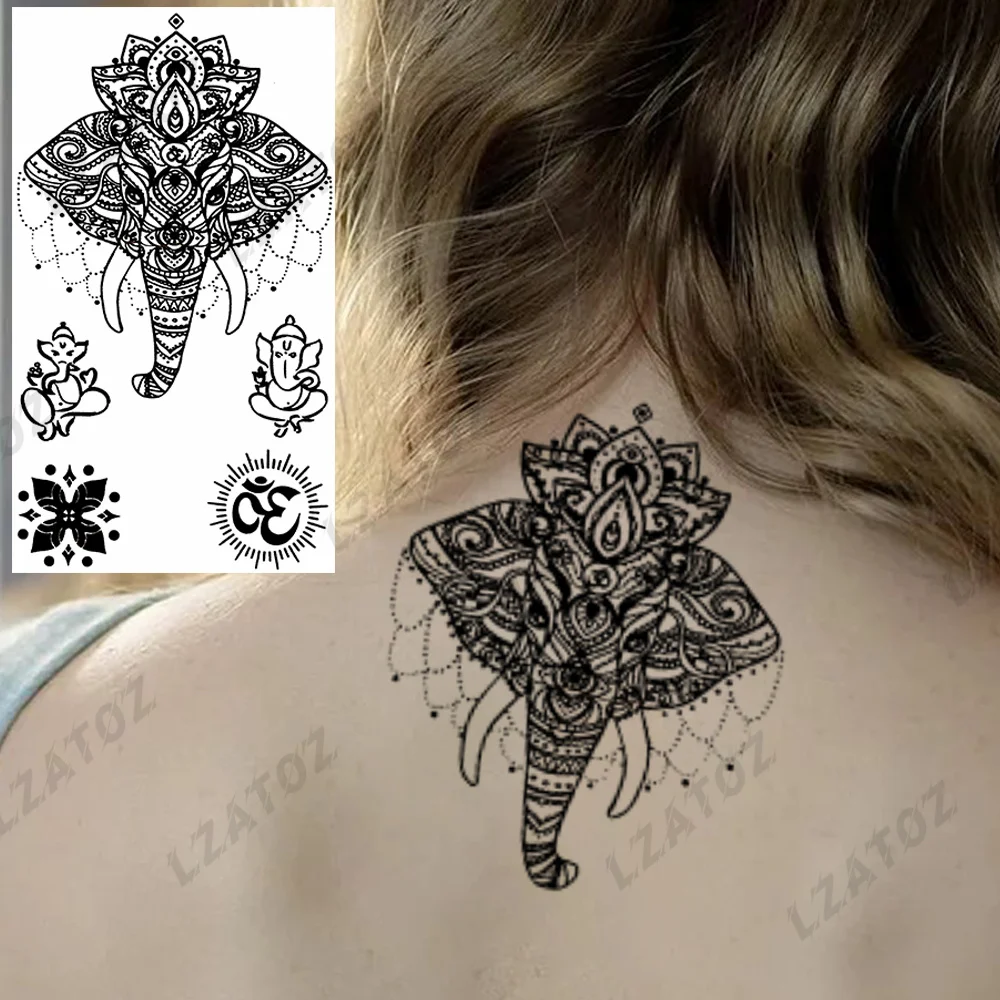 

Индийский Слон, животные, временные татуировки для женщин, взрослые, хна, кулон, цветок, искусственная татуировка, наклейка, Переводные татуировки, боди-арт, тату