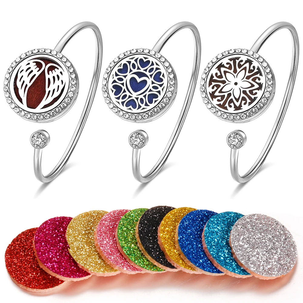 

New Crystal Aromatherapy Bracelet Angel Wings Design Perfume Essential Oil Diffuser Lockets Stainless Steel Women Jewelry Gift