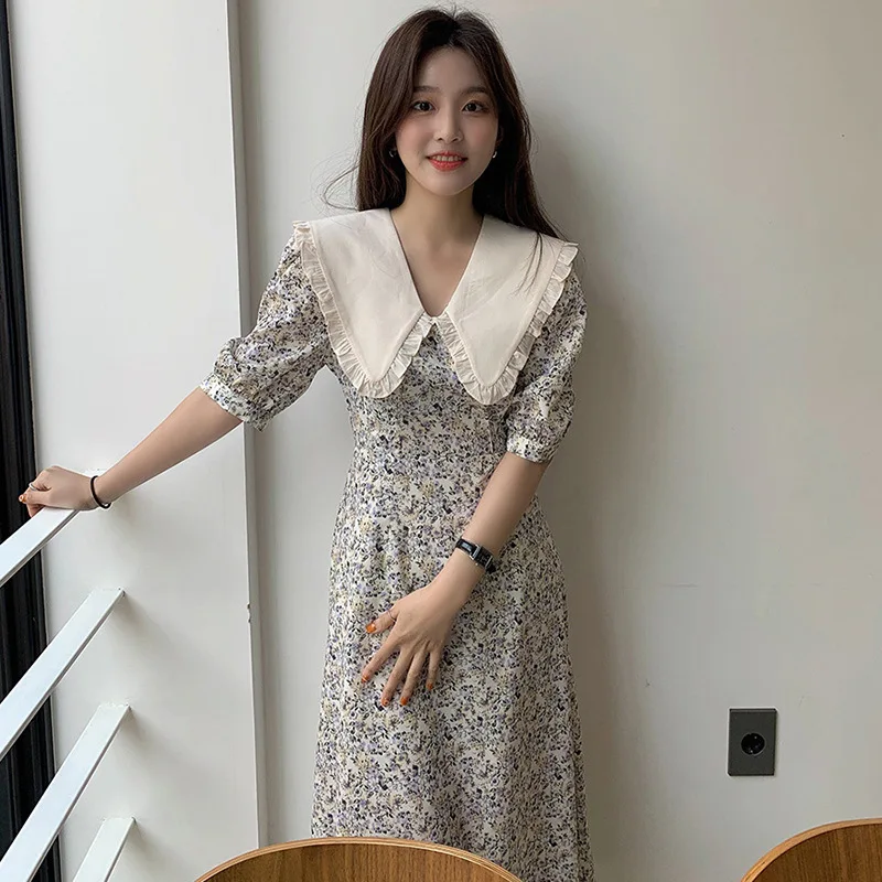 

Dress Women Floral Edible Tree Fungus Summer Fashion Vintage Peter Pan Collar Short Sleeve Female Harajuku Preppy Style Elegant