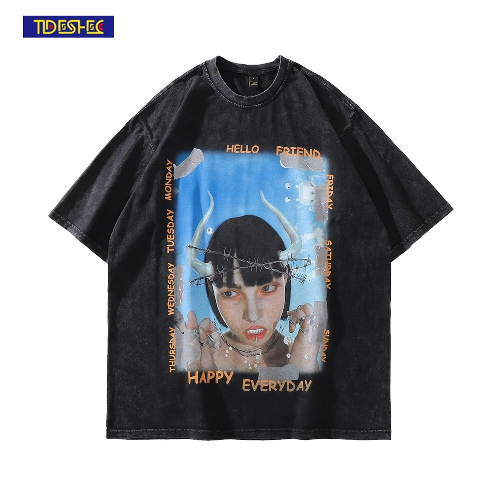 

Distressed Washed T Shirt Men Streetwear Hip Hop Cow Horn Girl Graphics Print Tshirt 2022 Men Oversize Short Sleeve T-Shirt