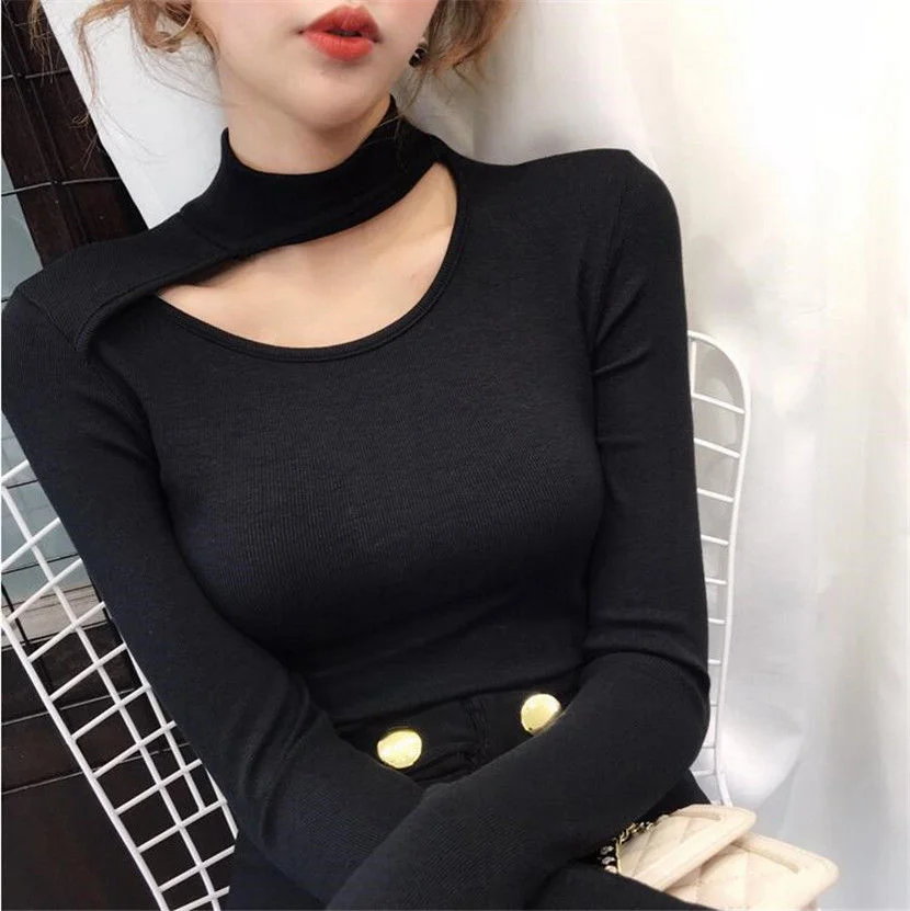 

Retro Hanging Neck Hollowed Out Long Sleeve T-shirt Women Tshirt Slim Fit Exposed Collarbone Korean Bottomed Sexy T Shirt Vogue