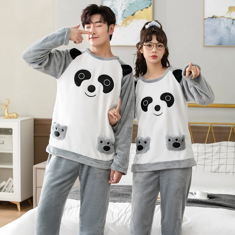 2022 Winter Long Sleeve Couple Thick Warm Flannel Pajama Sets for Men Cute Cartoon Sleepwear Pyjamas Women Homewear Home Clothes