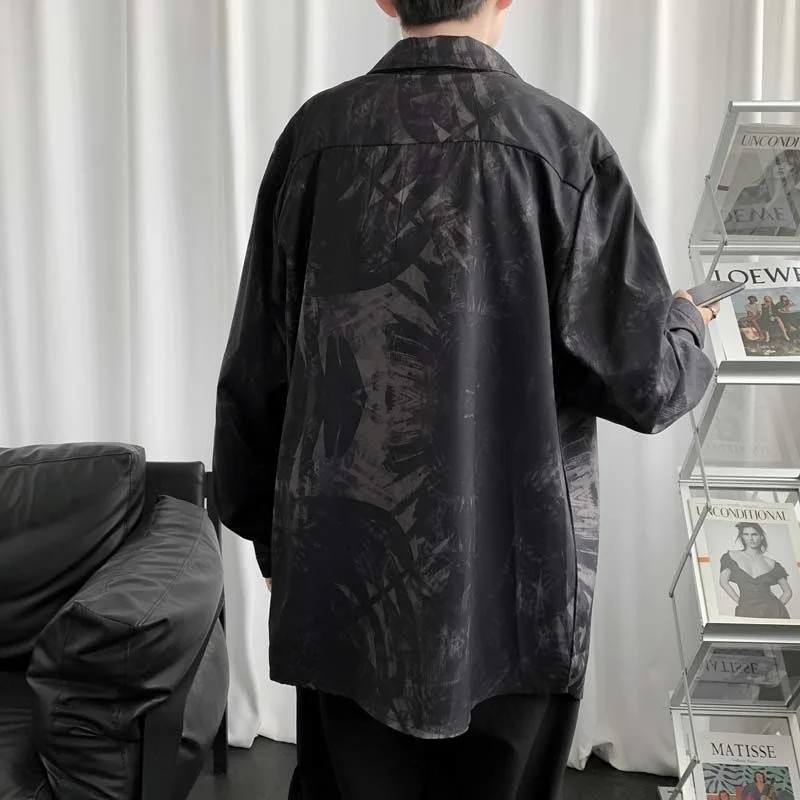 Spring Long Sleeve Shirts Men Fashion Retro Print Casual Shirts Mens Japanese Streetwear Loose Black Dress Shirts Men M-2XL