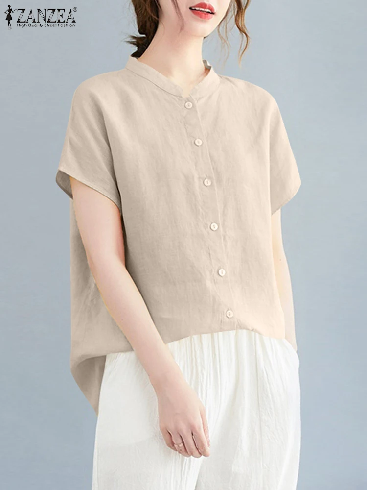 

Fashion Short Sleeve Shirt ZANZEA Women Summer Buttons Down Casual Loose Female Blusas Solid Cotton Blouse Vintage Tops Tunic