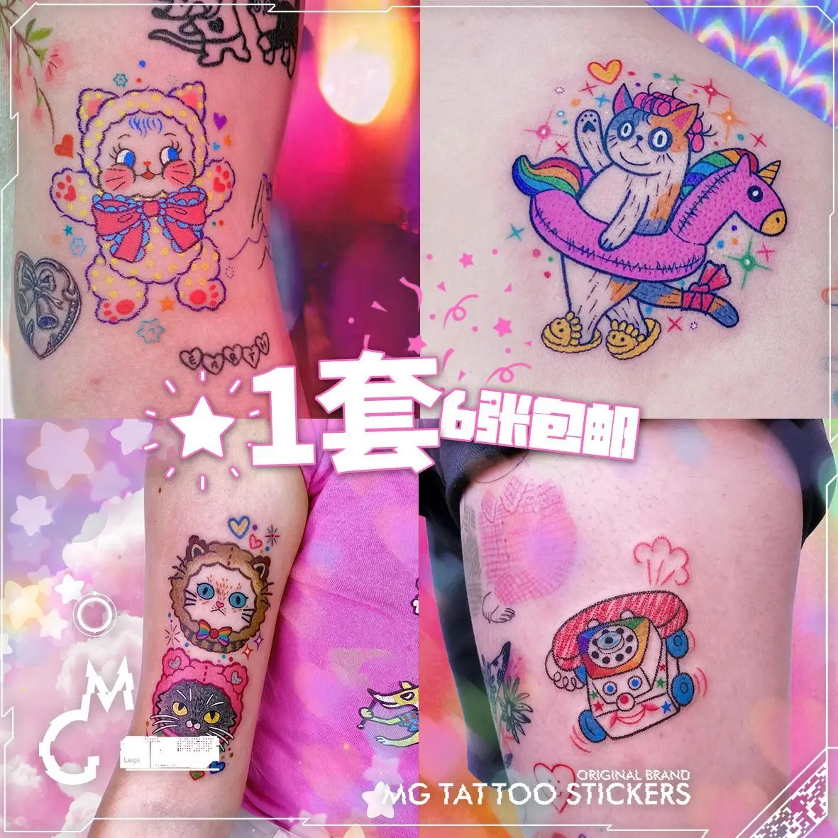 

6Pcs Set Temporary Tattoo Sticker Anime Cartoon Tatoo Cat Skeleton Art Tatto Cute Festival Cheap Goods Fake Tattoos for Women
