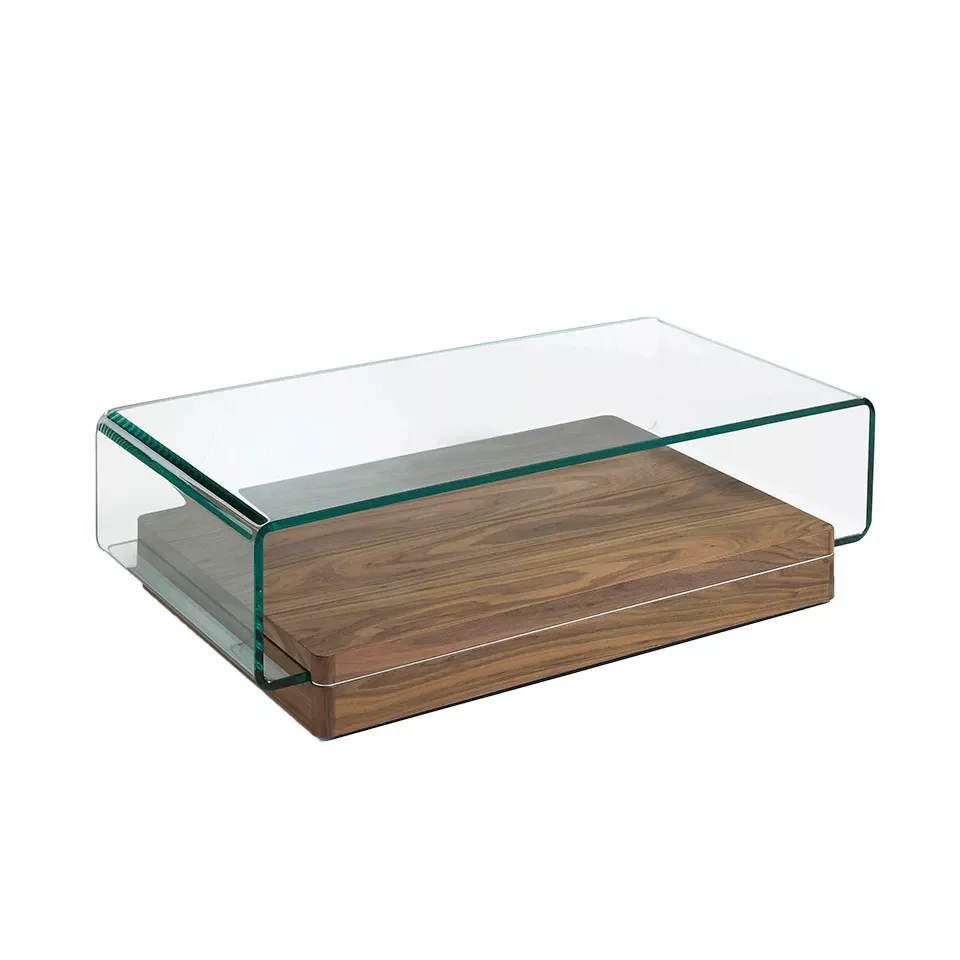 

2004 Angel Cerdá coffee table-curved glass center table on walnut veneered wood base.