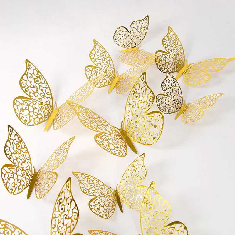 

12pcs 3D Metal Texture Hollow Butterfly Wall Stickers Three-dimensional Simulation Butterfly Home Sticker Decoration