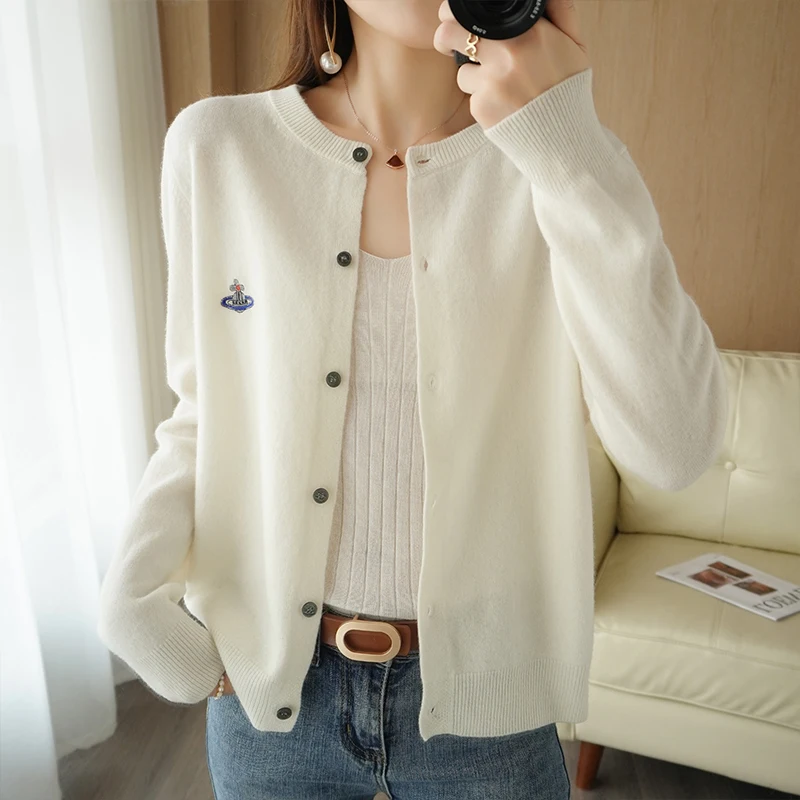 

2023 New 100% Pure Wool Knitted Women's Round Neck Cardigan Korean Embroidered Sweater Fashion Versatile Top
