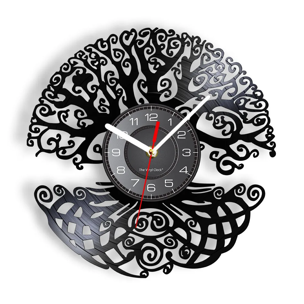Tree of Life Wall Art Wall Clock Sacred Tree Vintage Vinyl Record Longplay Clock Green Life 3D Silhouette Shadow Wall Clock
