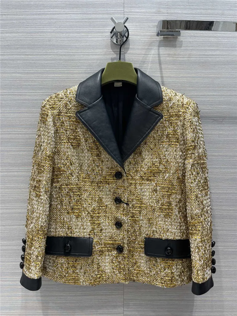 

Top Quality Women 100% Sheepskin Collars Tweed Metal Jacket
