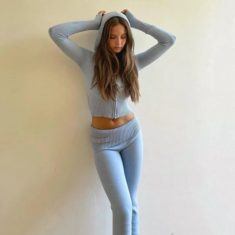 

SUJYing New Fashion 2022 Wind Hooded Suit Women's Autumn And Winter Sexy High Waist Long Sleeve Trousers Two-piece Set