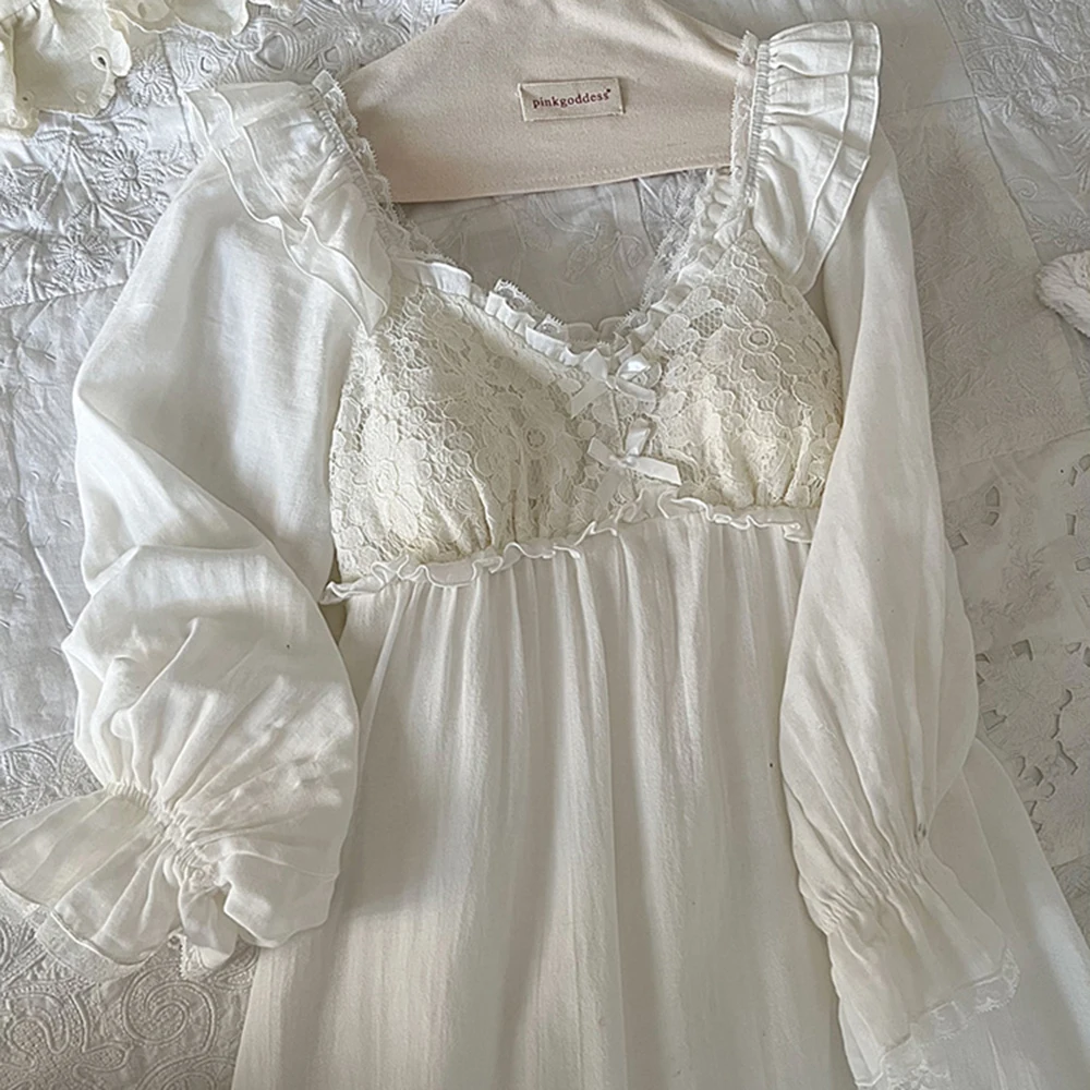 Women Princess Beautiful Nightdress Double Layers Cotton Gauze Long Sleeve With Breast Cushion Sweet Nightgown Robe Dress Lounge
