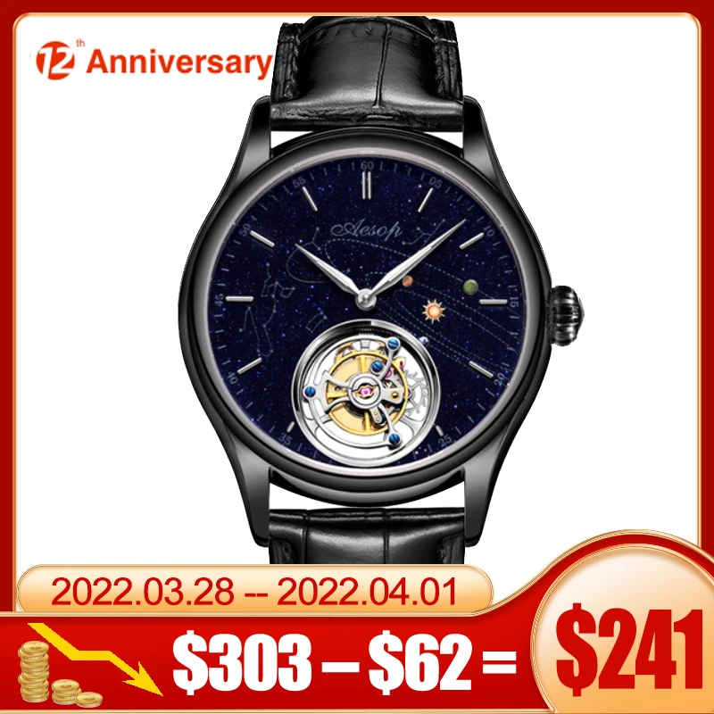 

Aesop Tourbillon Watch For Men Luxury Sapphire Waterproof Watch 7025 Blue Stone Starry Sky Dial Leather Stainless Steel Band