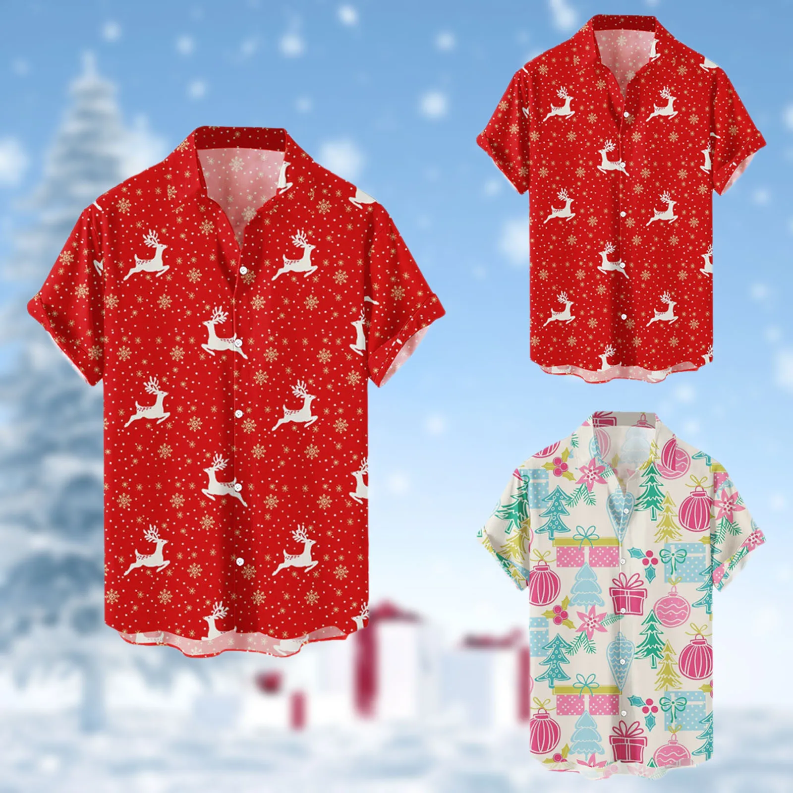 

Mens Santa 3D Digital Christmas Printing Button Lapel Short Sleeve T Shirt Top Shirt