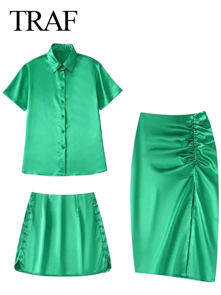 

TRAF Summer Women Suit Solid Color Short Sleeve Casual Shirt + Pleated Asymmetric Slit Midi Skirt + Slim Fit Sexy Short Skirt