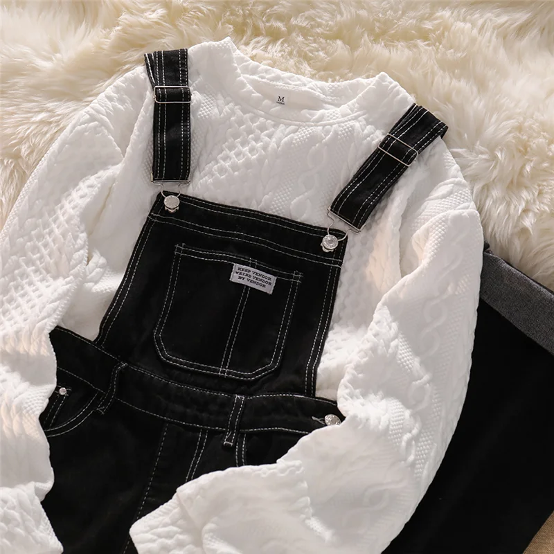 

Women's Retro Bib Suit 2022 Fall/Winter White Striped Loose Long Sleeve Pullover High Waist Denim Bib Pants 2 Piece Set Leisure