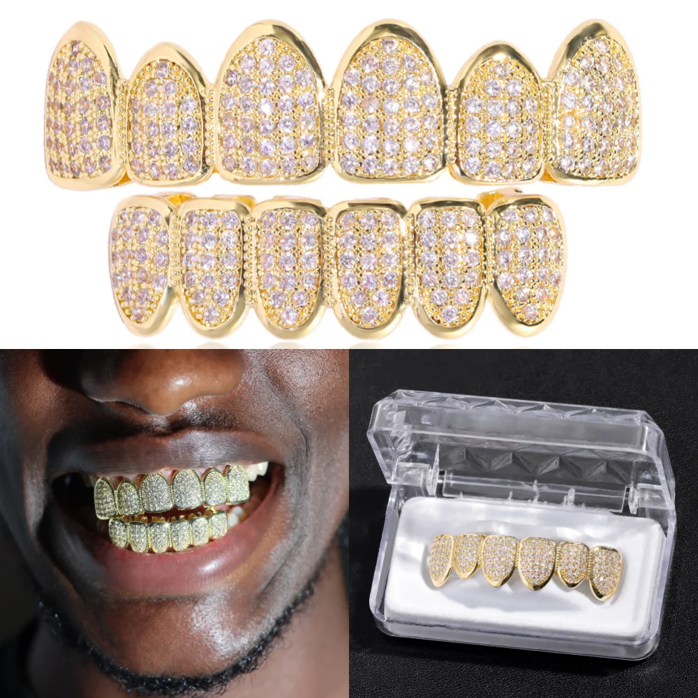 

New Fashion Teeth Grillz Set Bling Paved Zircon Gold Silver Color Top & Bottom Grills Teeth Hip Hop Men Women Party Jewelry Gift