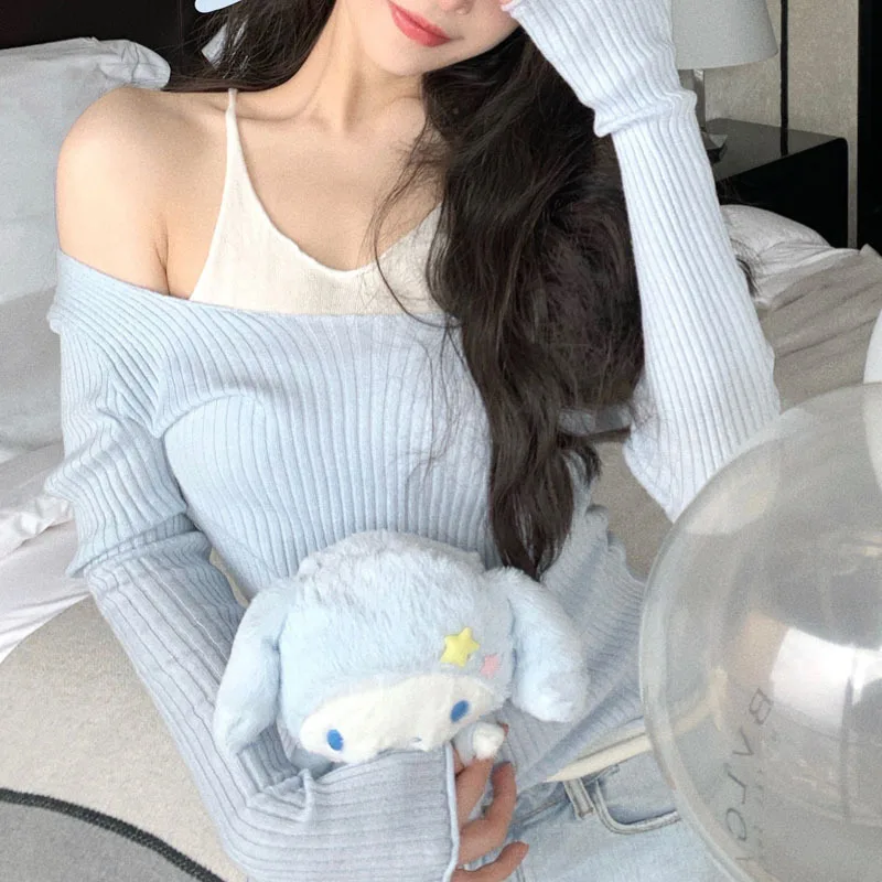

2022Top Fake Two-Piece Self-Cultivation Contrast Color Gentle Inner Layer Knitted Sweater Women's Autumn Thin Flared Sleeves