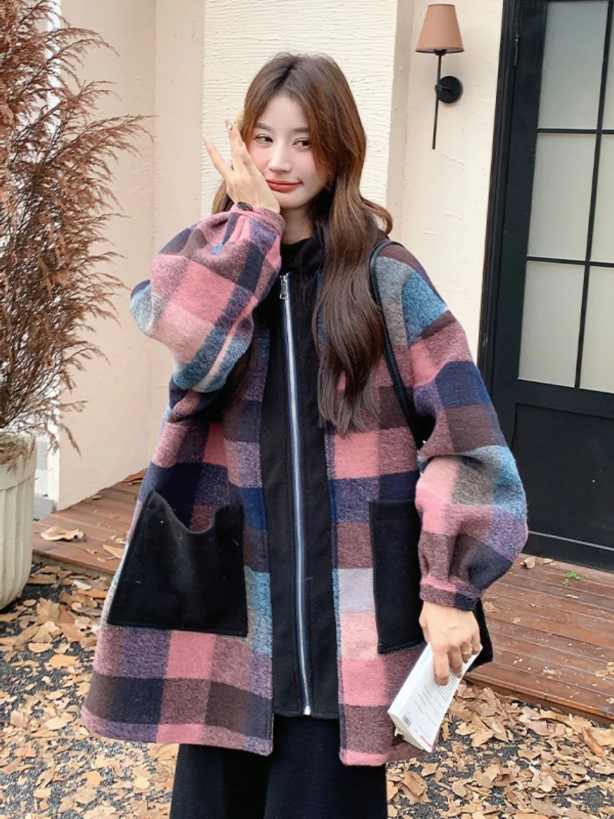 Уникальное супер красивое цветное шерстяное пальто в клетку для женщин зима 2024