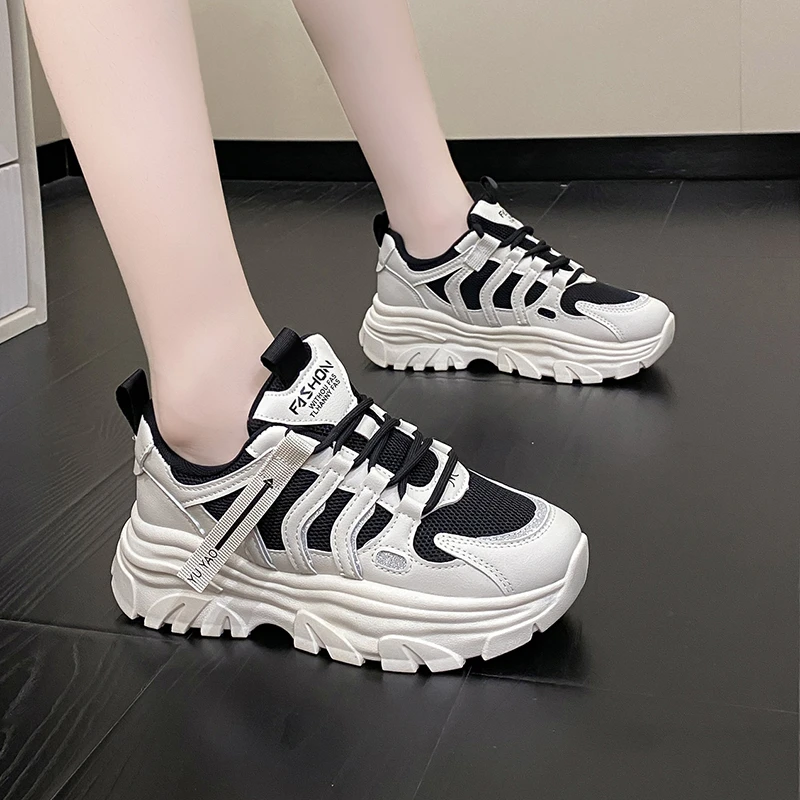 

BKQU 2022 New Autumn Hong Kong Style Thick-soled Casual Daddy Shoes All-match Mesh Breathable Platform Student Women's Shoes