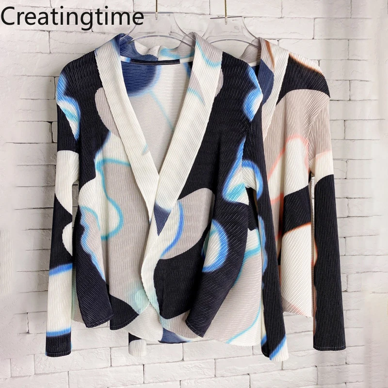 

Creatingtime Pleated Printing 2022 Spring Summer New Notched Single Button Loose Long Sleeve Wild Cardigan Fashion Women GA964