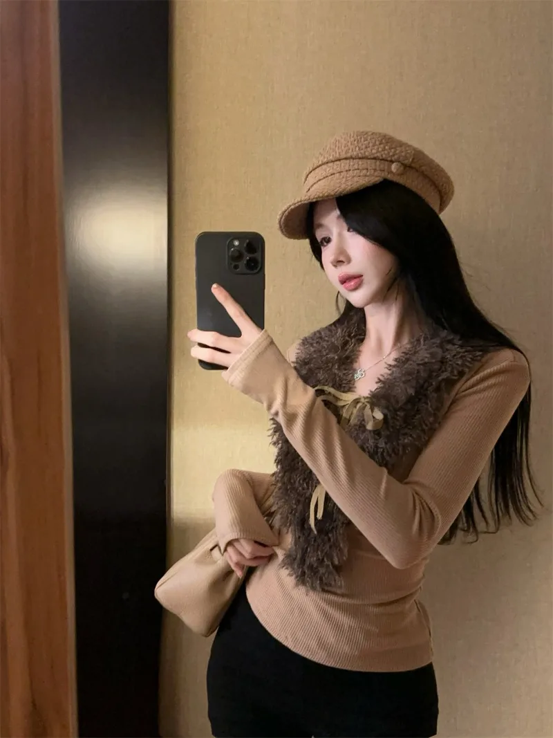 MiiiiX Ретро вязаная нижняя рубашка с меховым воротником на шнуровке женский свитер