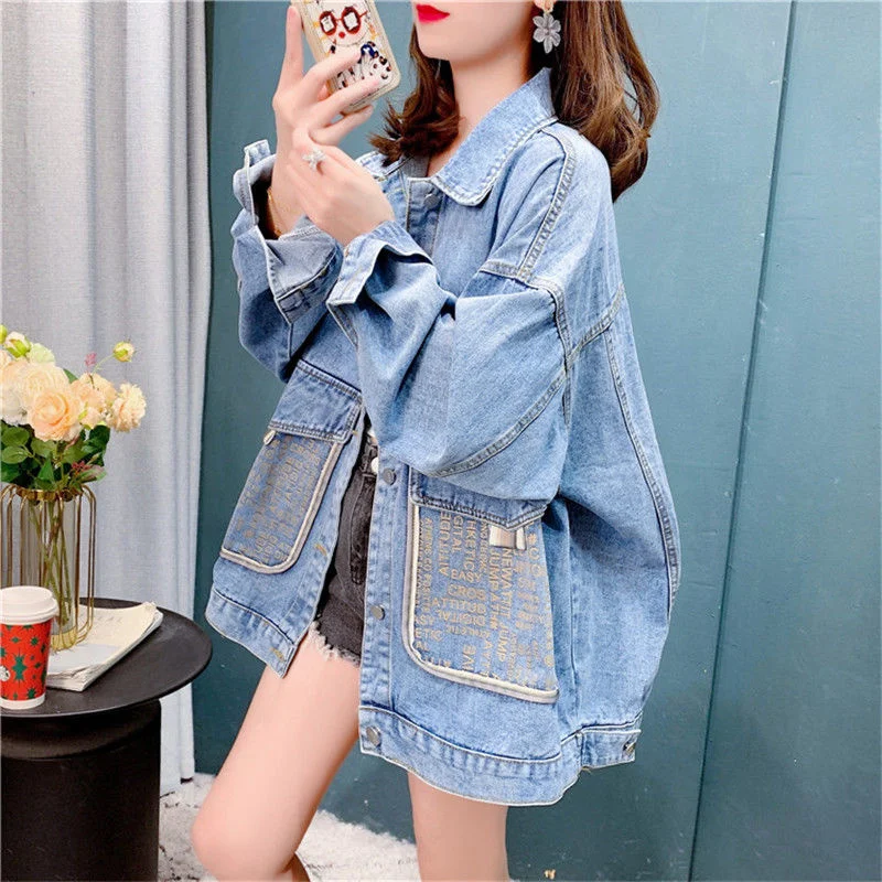 

Vintage Denim Jacket Women's Loose Casual Lapel Letter Pocket Female Outwear Spring Autumn Korean Long Sleeves Jean Jacket