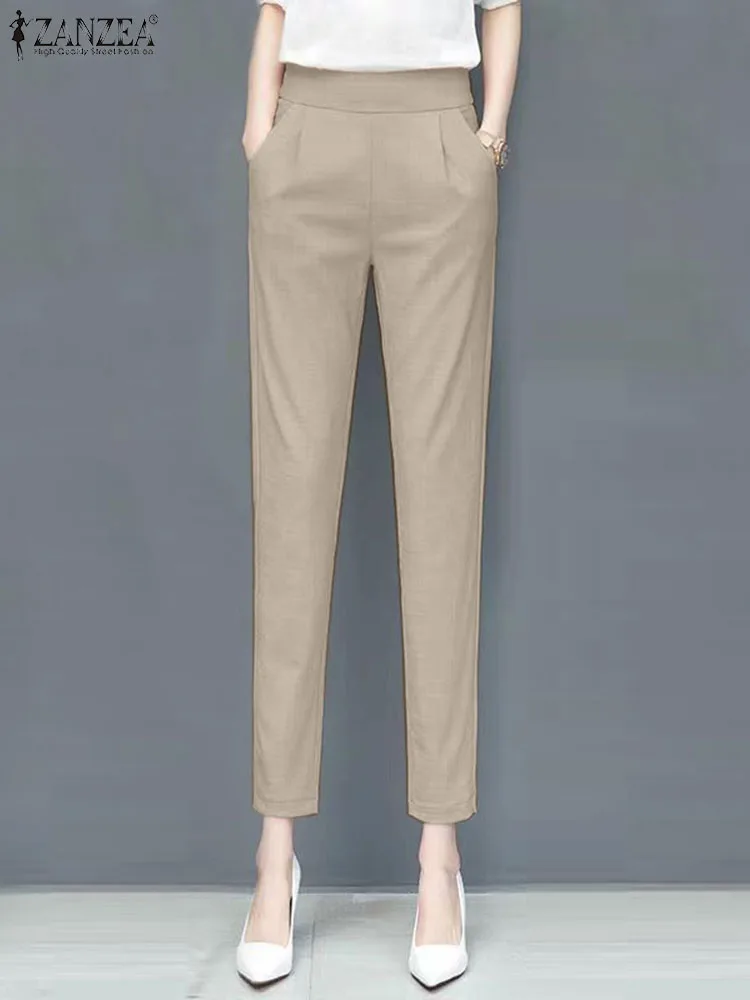 

ZANZEA Spring Women Long Pant Elastic waist Solid Color Trousers Female Fahsion Office OL Pantalon Casual Vintage Palazzo 2023