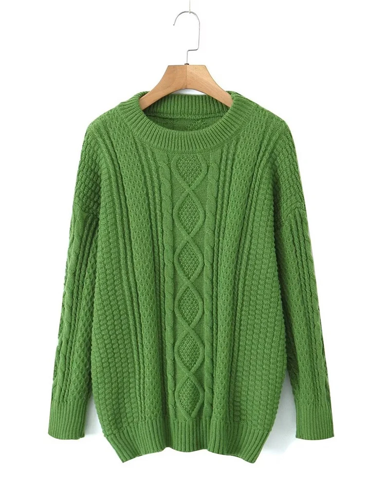 

Ladies 2023 New Casual O-Neck Long Sleeve Gren Loose Sweaters Womens Autumn Winter Fashion Spiral Cross Knitted Blue Pullover