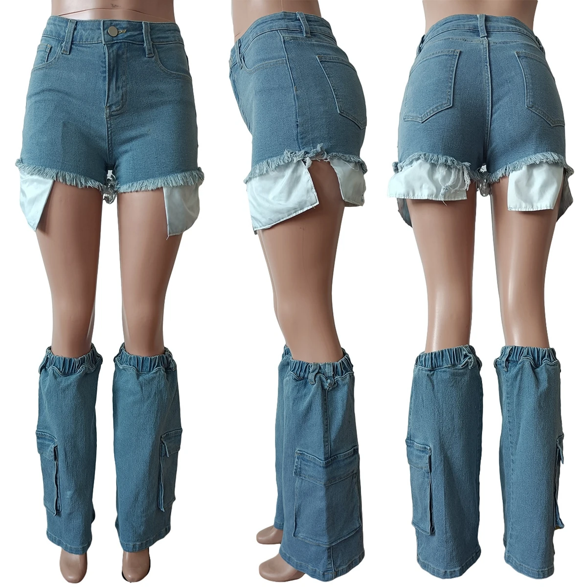 Wishyear Summer High Waist Denim Shorts with Legs Women Fashion Legging Socks Streetwear Y2k Pockets Sexy Short Jeans Femininos