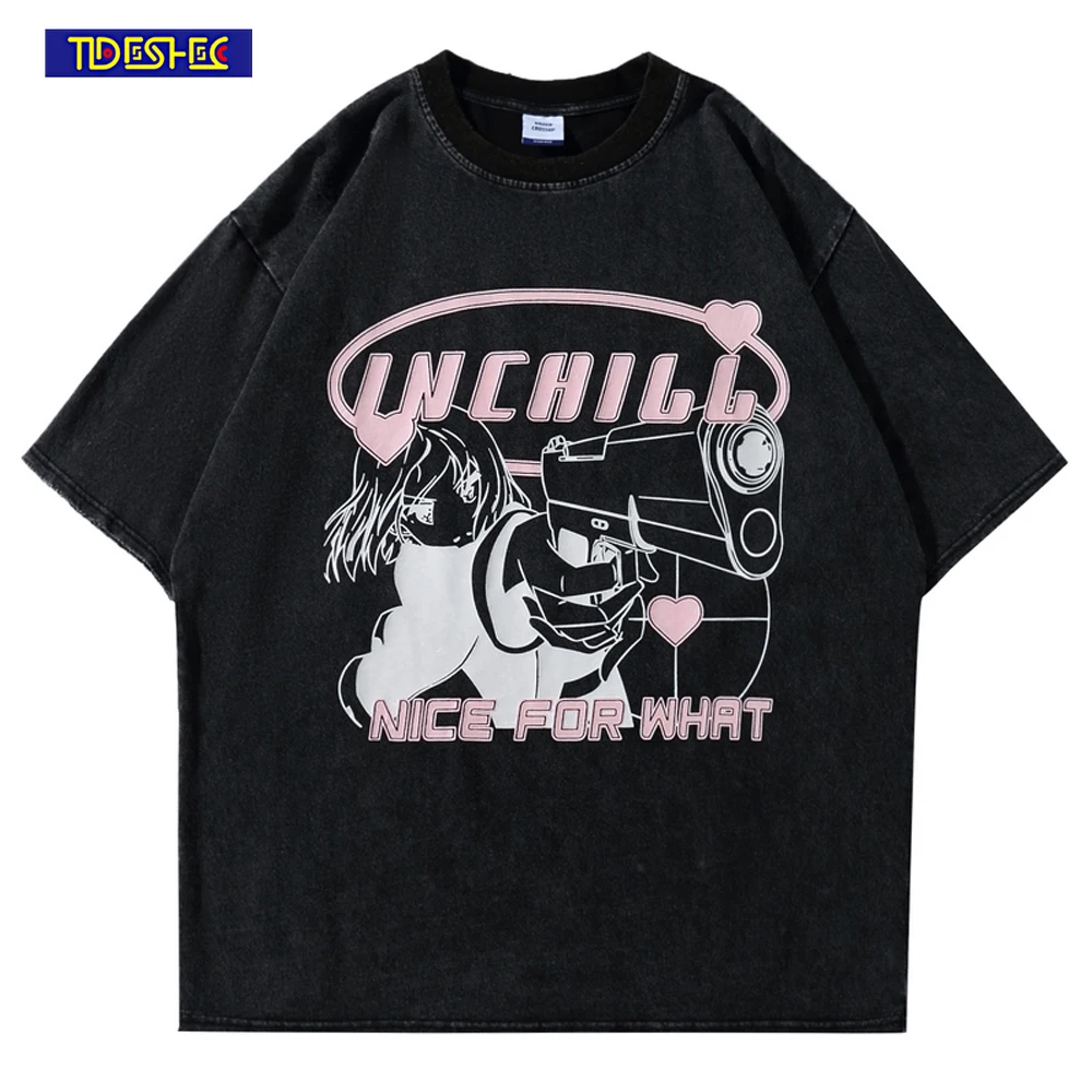 

Distressed T-Shirt Men Oversized Japanese Anime Gunslinger Print T-Shirt Washed T-Shirt Vintage Cotton Summer Tops Men Harajuku