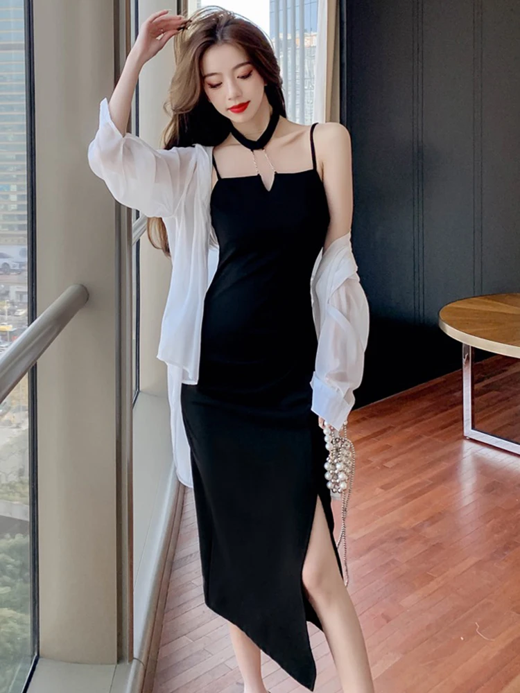 

Design Elegant Women Dress Halter Camisole Hollow Folds Slit Asymmetrica Midi Party Gown Robe Female Sexy Mujer Vestidos Summer