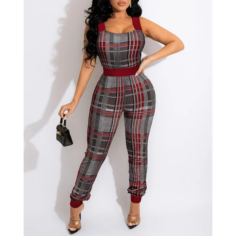 

Women's Jumpsuit Spring Summer 2022 New Printed Plaid Stripe Sexy Waist Drawstring Jumpsuits