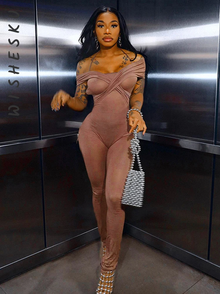 

Sexy Slash Neck Off Shoulder Low Cut Jumpsuits Women Backless Lace Up Solid One Piece Rompers 2022 Summer Fairy Grunge Clothes