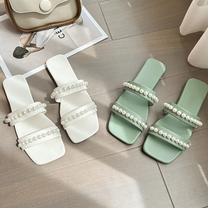 Women Faux Pearl Decor Double Strap Flat Sandals Summer Outdoor Vacation Fashion Beach Slides Casual Elegant Office-Ladies Shoes