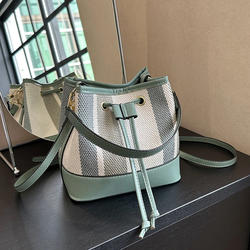 

Causal Canvas Women Bucket Bag PU Purses and Handbag Spring Summer Small Shoulder Bags Strip Pattern Ladies Cross Body Bag