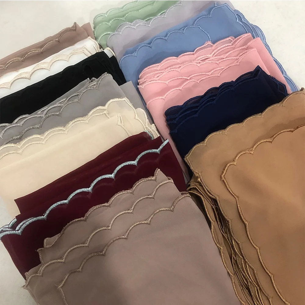 Lace Plain Chiffon Hijabs With Embroidery Muslim Headband Headscarf Female Islamic Head Cover Wrap For Women Modest Turbans