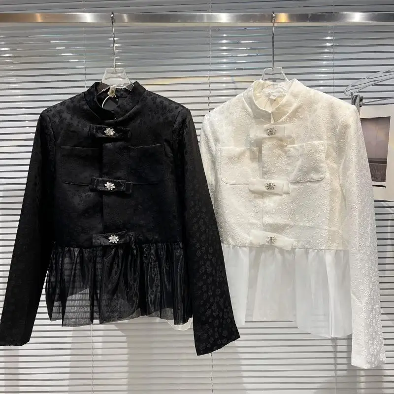 

2022 New Spring Fashion Ladies Jackets Stand Collar Mesh Stitching Skirt Hem Dark Pattern Diamond Buckle Short Jacket Coat Top
