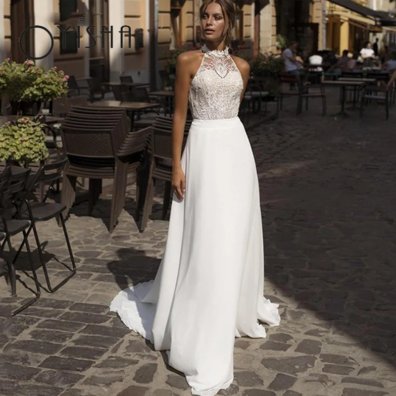

OYISHA Sexy Backless Bridal Gowns For Women Appliques Lace Embellished Wedding Dresses Simple A-Line Sleeveless vestido de noiva