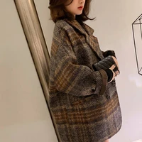 women vintage woolen loose plaid coat winter korean overcoats female double breasted turn down collar overcoat korean streetwear