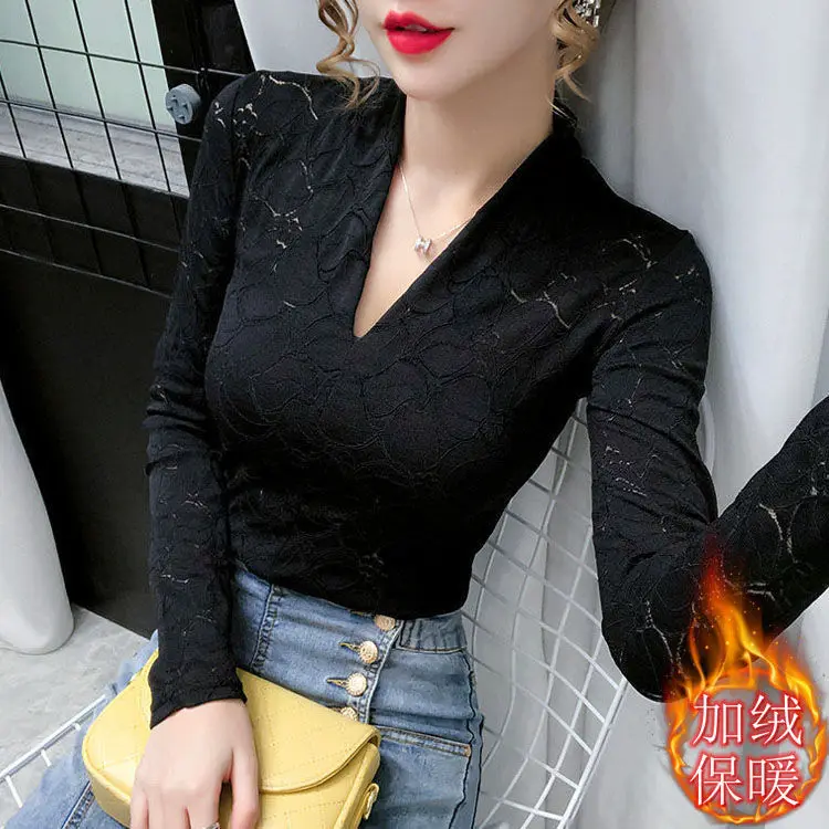 Женская кружевная блузка с V-образным вырезом и длинным рукавом | одежда