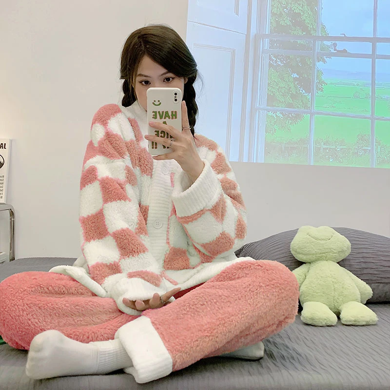 

Winter Women's Pajamas Flannel Sleepwear Sweet Ladies Cute Pink Plaid Cardigan Pyjamas Thick Coral Fleece 2-piece Homewear Suits
